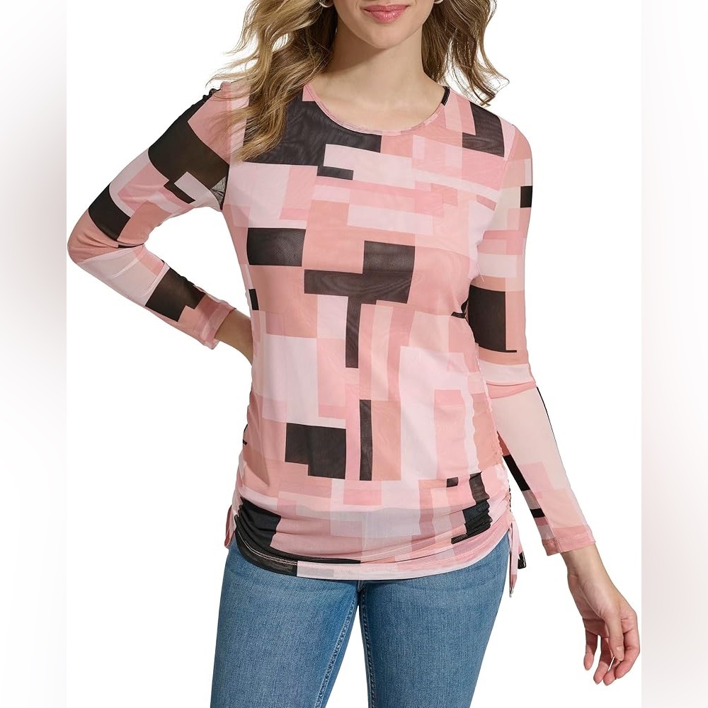 Calvin Klein Pink Abstract Mesh Ruched Long Sleeve Top XS
